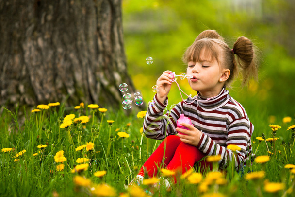 Preciosa niña de cinco años soplando burbujas de jabón en el parque
 - Foto, Imagen