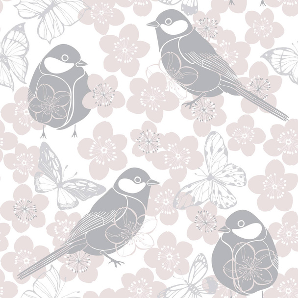 Patrón sin costuras con pájaros, mariposas y flores de cerezo sobre fondo blanco
 - Vector, imagen