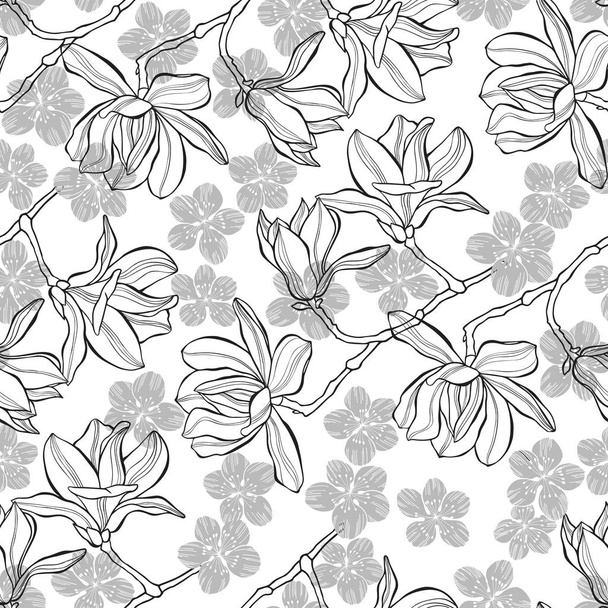 Seamless pattern with magnolia and sakura on white background - Vector, Imagen