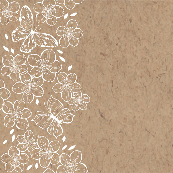 Hand dawn sakura flowers and butterflies on craft paper background - Vetor, Imagem