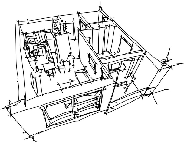 Handgezeichnete Skizze von Perspective ausgeschnittenes Diagramm einer komplett möblierten Ein-Zimmer-Wohnung  - Vektor, Bild
