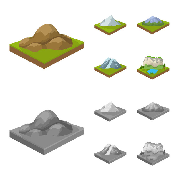 Mountains, rocks and landscape. Relief and mountains set collection icons in cartoon,monochrome style isometric vector symbol stock illustration web. - Vektor, obrázek