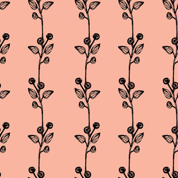 Floral seamless background with small leaves, twigs of plants. Simple pattern. Pale pink and dark gray color The idea for printing, tissue, packaging, scrapbooking Vector illustration Millefleurs - Вектор, зображення