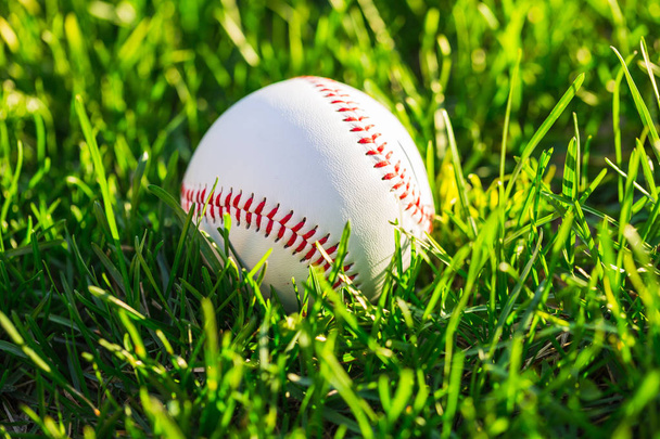 Close up Side of Baseball Ball on Grass Field - Foto, immagini