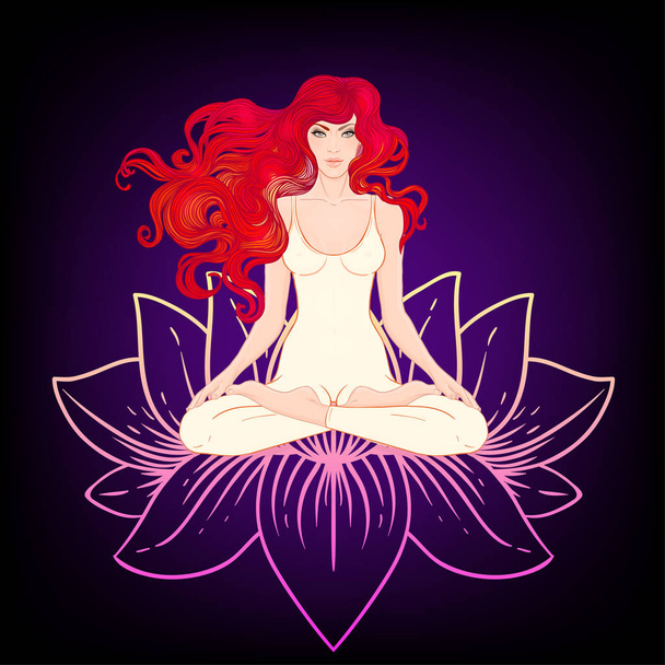 Young woman sitting in Lotus pose with lotus flower on background - Vector, Image