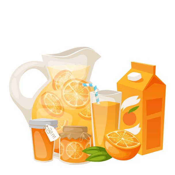 Naranjas y productos de naranja vector ilustración cítricos naturales vector jugoso postre tropical belleza jugo orgánico comida saludable
. - Vector, imagen