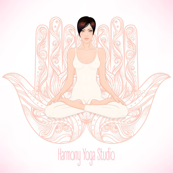 Woman sitting in lotus position over hamsa symbol - Vecteur, image