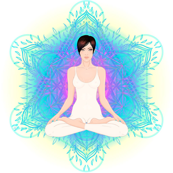 Young woman sitting in Lotus pose with ornate mandala on background - Vecteur, image