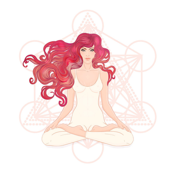 Young woman sitting in Lotus pose with ornate mandala on background - Vektor, Bild