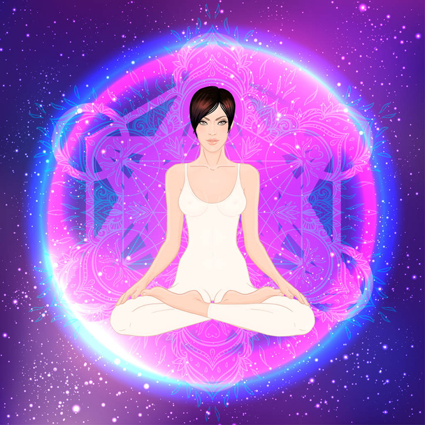 Young woman sitting in Lotus pose with ornate mandala on background - Vector, afbeelding