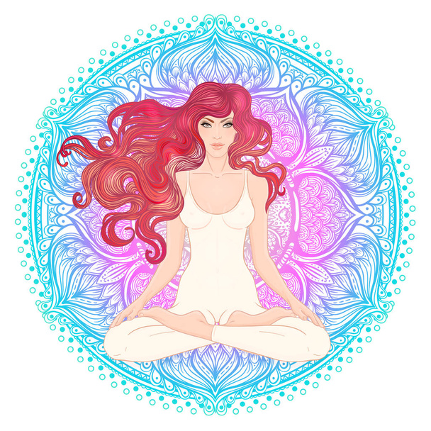 Young woman sitting in Lotus pose with ornate mandala on background - Διάνυσμα, εικόνα
