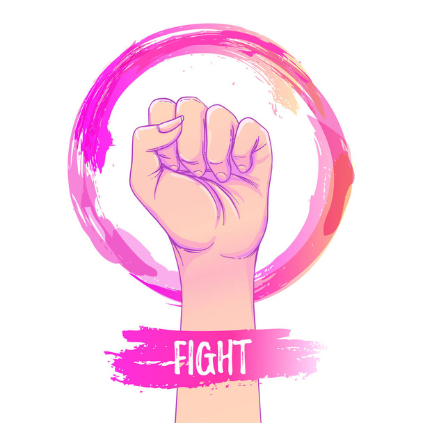 Female hand with fist raised up in pink hand drawn watercolor circle - Wektor, obraz
