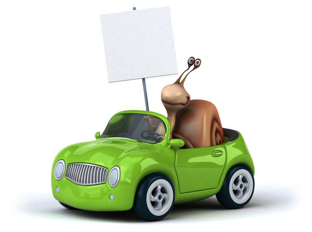 Funny cartoon character on car - 3D illustration  - Foto, Bild