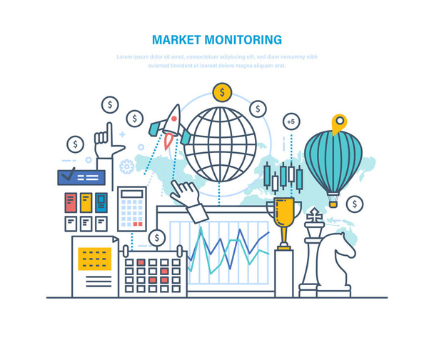 Monitorowanie rynku, marketingu cyfrowego, planowanie wskaźników finansowych, biznesowych badanie skłonności. - Wektor, obraz