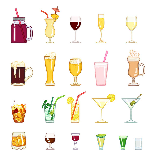 Vector Cartoon Set of Alcohol and Soft Drinks, Liquors, Cocktails. - Vector, Image
