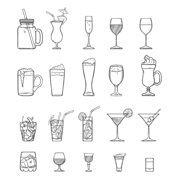 Vector bosquejo conjunto de bebidas alcohólicas y refrescos, licores, cócteles. - Vector, Imagen