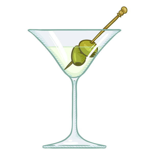 Vector Cartoon Illustration - Glass of Martini with Green Olives - Vettoriali, immagini