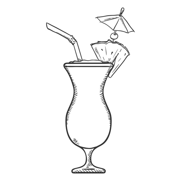 Vektorskizze Illustration - Glas Pina Colada mit Trinkhalm, Cocktailschirm und Ananas - Vektor, Bild