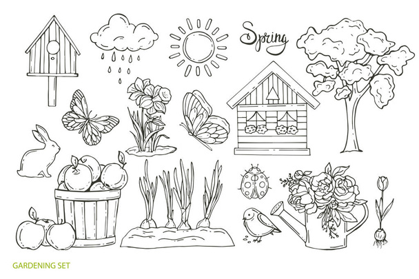 Zestaw ogrodowy wiosna. Ręcznie rysowane. Ilustracja wektorowa - Wektor, obraz