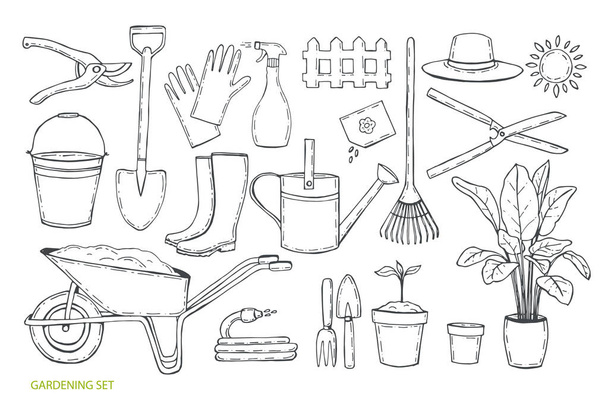 Садівничий набір. Різні робочі інструменти для садівництва. Рука намальована. Векторні ілюстрації
. - Вектор, зображення