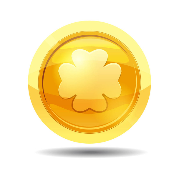 Game coin with clover leaf, game interface, gold, vector, cartoon style, isolated - Vector, imagen