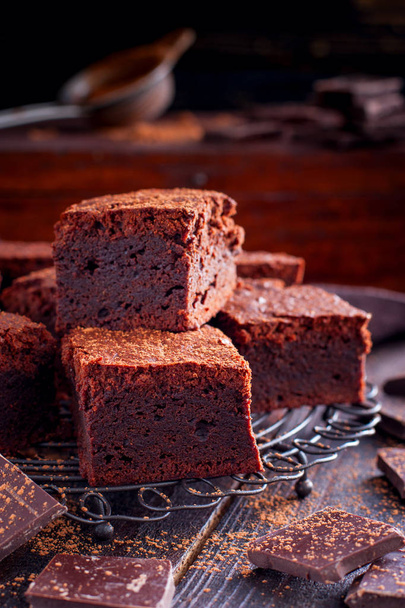 Homemade brownies from dark chocolate, selective focus - Fotó, kép