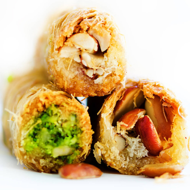 Middle eastern dessert baklava on white background. Free space for your text. Square. - Foto, Imagen