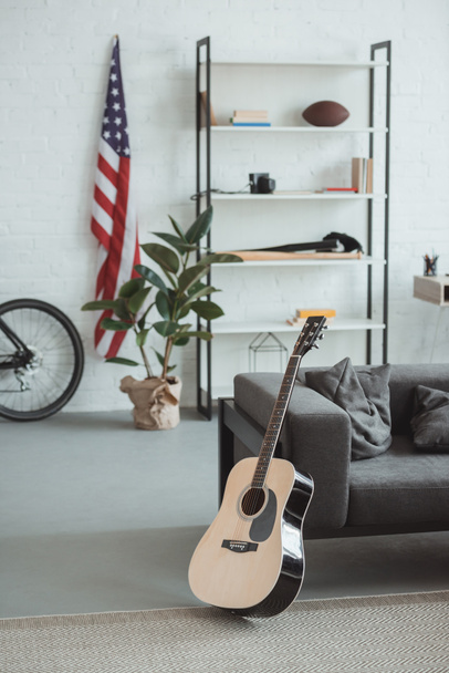 interior de la sala de estar moderna con bandera americana, estantes, maceta, guitarra y sillón
  - Foto, Imagen