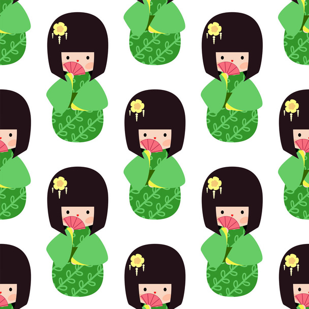 Ιαπωνικά κορίτσι στο πράσινο φόρεμα. Απρόσκοπτη διάνυσμα μοτίβο - Διάνυσμα, εικόνα