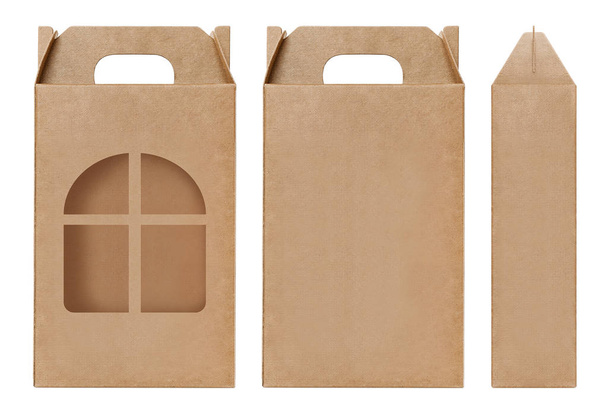 Box brown window shape cut out Packaging template, Empty kraft Box Cardboard isolated white background, Boxes Paper kraft natural material, Gift Box Brown Paper from Industrial Packaging carton - Photo, Image