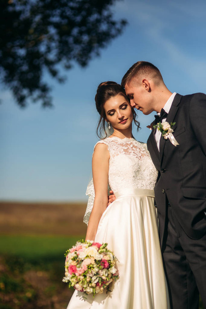 青い空を背景に立っている結婚式のカップル - 写真・画像