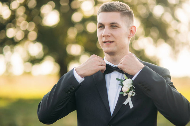 Groom adjusts the bow tie. Handsome man standing in the middle of field in the background of big tree - Foto, Imagen