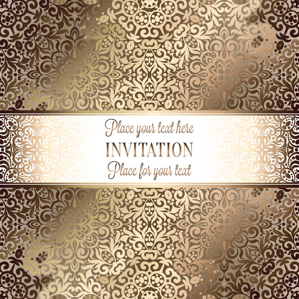 Gold Wedding Invitation card template design with damask pattern on silky background. Lacy intricate textile effect. - Vector, Image