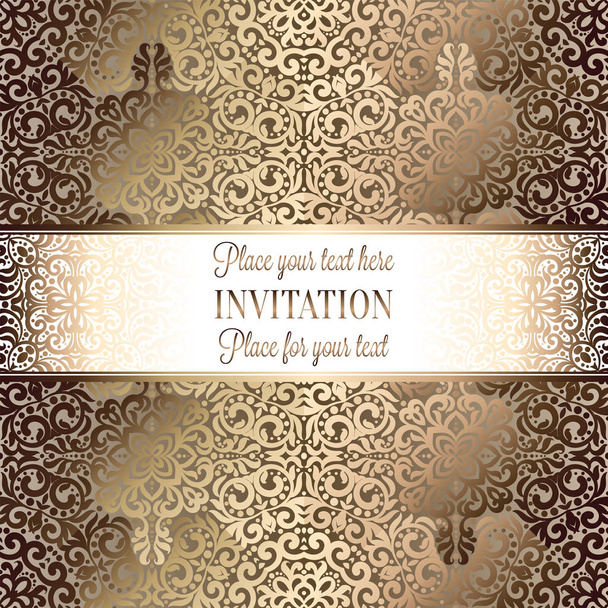 Diseño de la plantilla de tarjeta de invitación de boda de oro con patrón de damasco sobre fondo sedoso. Encaje intrincado efecto textil
. - Vector, imagen