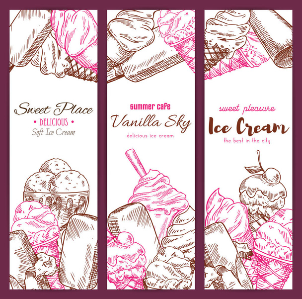 Ice cream cafe sketch vector banners set - Vector, Image