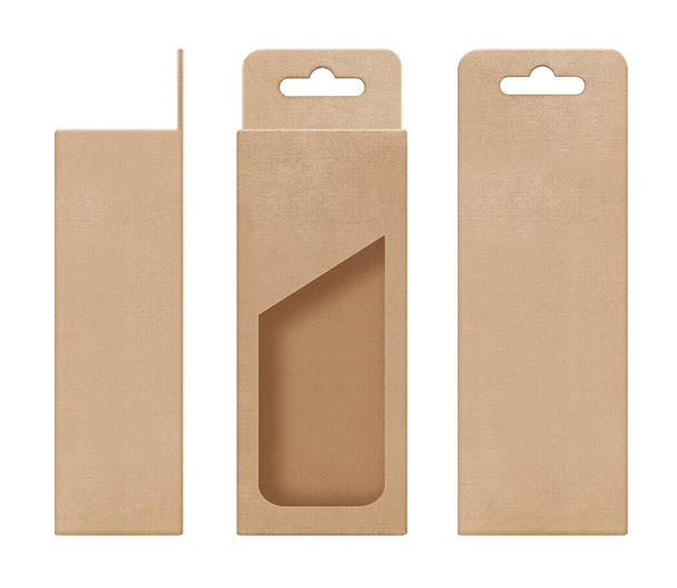 scatola, imballaggio, scatola marrone per appendere forma di finestra tagliata modello vuoto aperto per il pacchetto di prodotto di design
 - Foto, immagini