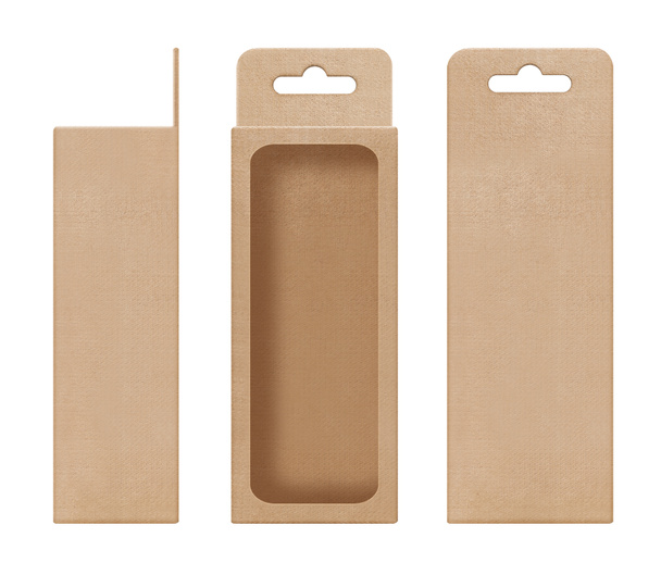 caja, embalaje, caja marrón para colgar recortar la forma de la ventana abierta plantilla en blanco para el paquete del producto de diseño
 - Foto, Imagen