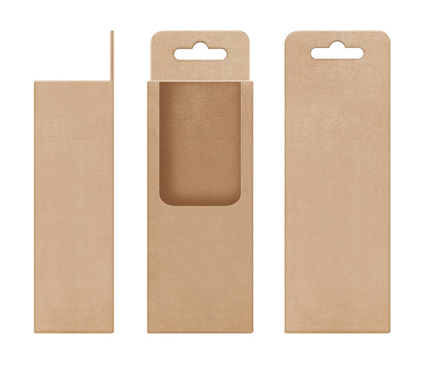 Schachtel, Verpackung, Schachtel braun zum Aufhängen ausgeschnittene Fensterform offene Blanko-Vorlage für Design-Produktverpackung - Foto, Bild