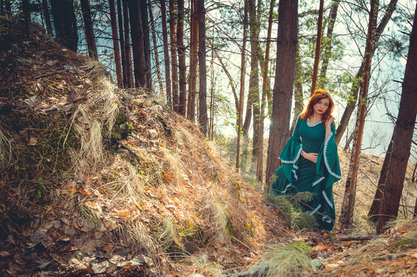 Young woman in a historic dress in the forest - Foto, imagen