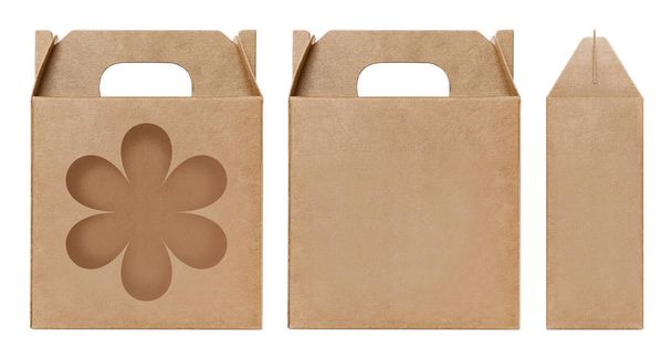 Box brown window Flower shape cut out Packaging template, Empty kraft Box Cardboard isolated white background, Boxes Paper kraft natural material, Gift Box Brown Paper from Industrial Packaging carton - Photo, Image