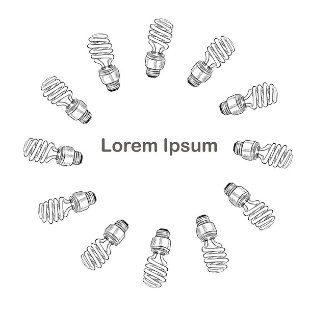Redondo compacto fluorescente bombilla bosquejo fondo, Lorem ipsum. Dibujo de tinta bulbo stock vector ilustración elemento de diseño para web, para imprimir
 - Vector, Imagen