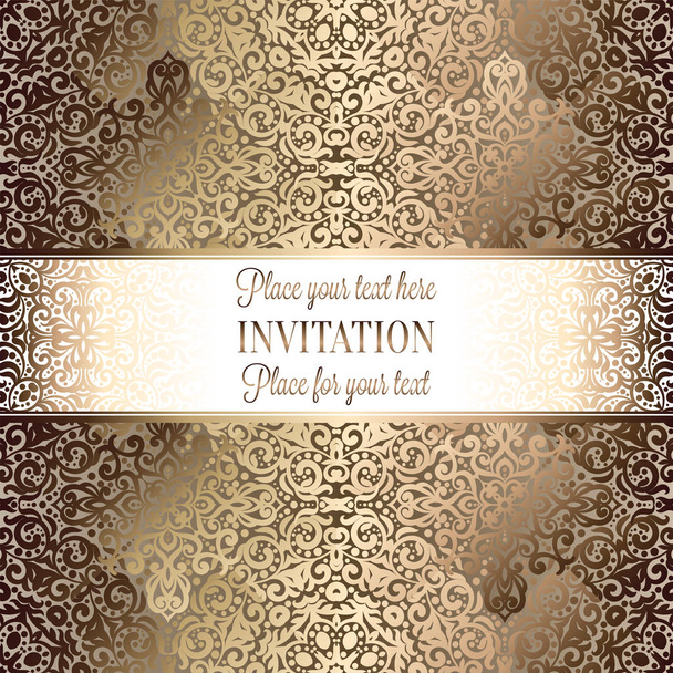 Design de modelo de cartão de convite de casamento de ouro com padrão de damasco no fundo sedoso. Lacy efeito têxtil intrincado
. - Vetor, Imagem