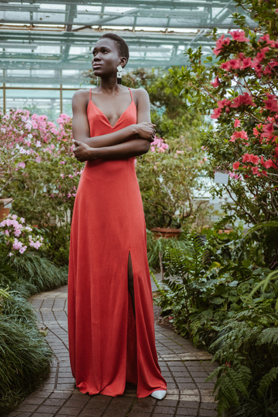 fashionable african american model in red dress with crossed arms posing in garden with flowers  - Foto, imagen