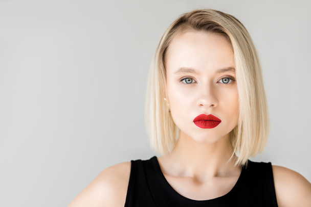 beautiful stylish blonde woman with red lips isolated on white - Фото, изображение
