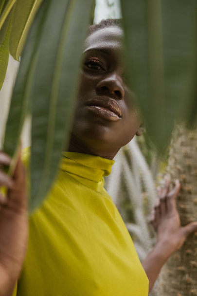 selective focus of fashionable african american girl posing in yellow dress behind leaves - Photo, Image