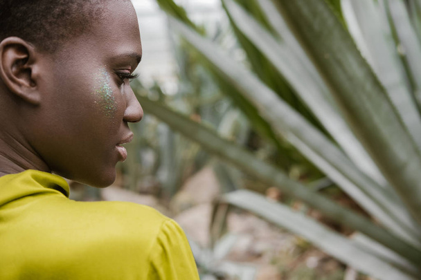 модна приваблива афроамериканська дівчина з блискучими рум'янами позує в тропічному саду
 - Фото, зображення