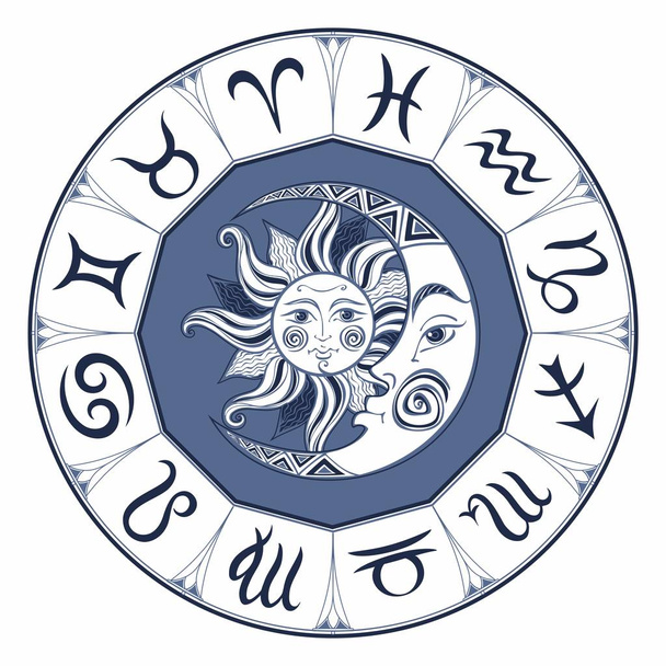 Güneş zodyak veya astrolojik sembolü tasarımını illüstrasyon vektör ve ay. Burç. - Vektör, Görsel