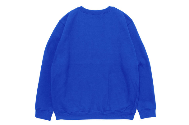 Blanko Sweatshirt Farbe blau Vorlage Rückansicht auf weißem Hintergrund  - Foto, Bild