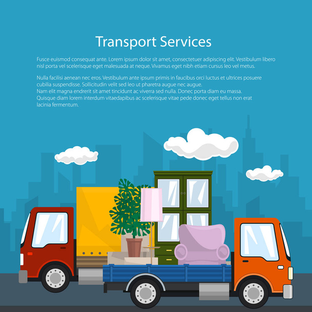 Καλύπτονται φορτηγών και φορτηγών με έπιπλα, αφίσα - Διάνυσμα, εικόνα