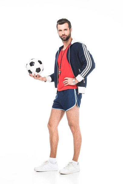 bearded soccer coach holding ball, isolated on white - Foto, Imagem